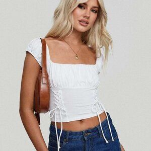 Princess Polly White Ruched Crop Top T-Shirt with Lace Up Detail